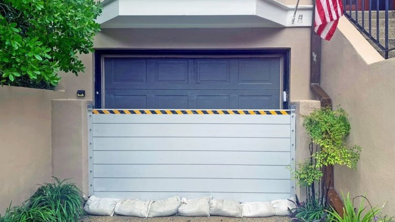 Garage protected by an aluminum flood plank barrier system.